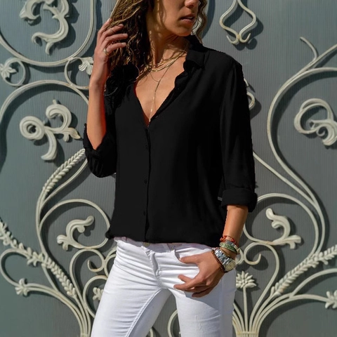 Elegante Blusa de Mujer de Color Sólido con Botonadura Sencilla y Manga Larga Camisa Casual con Solapa y Ajuste Holgado