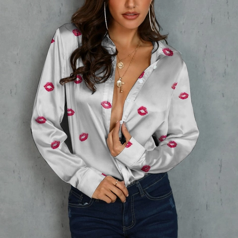 Damen Mode Satin Langarm Bluse Digital Lippenmuster Herzmuster Einreihig Revers Elegant Büro Casual Hemd Top