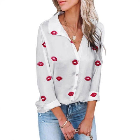 Camisa de Botones de Manga Larga para Mujer Poliéster Estampado de Labios Corazón Blusa Elegante Top de Oficina Casual