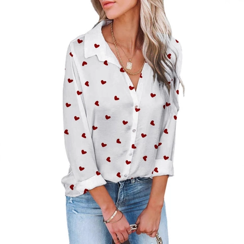 Camisa de Botones de Manga Larga para Mujer Poliéster Estampado de Labios Corazón Blusa Elegante Top de Oficina Casual