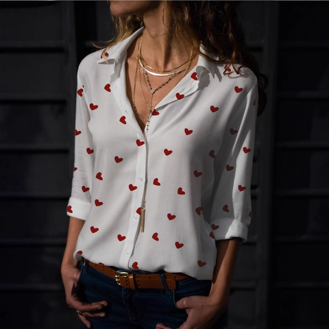 Damen Casual Langarm Revershemd Herz Kuss Druck Einreihig Locker Bluse Elegante Knopfleiste Top