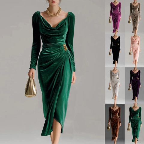 Sexy Slim Fit Long Sleeve Cowl Neck Pleated Velvet Dress With High Split Party Evening Bodycon Midi Dress For Women