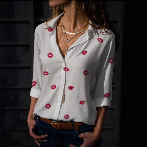 Damen Casual Langarm Revershemd Herz Kuss Druck Einreihig Locker Bluse Elegante Knopfleiste Top