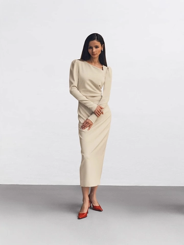 Robe Élégante pour Femme Col Asymétrique Manches Bouffantes Plissée Coupe Slim Fente Manches Longues Robe Midi Bureau Navettage Fête