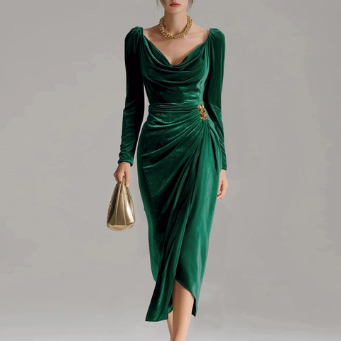 Sexy Slim Fit Long Sleeve Cowl Neck Pleated Velvet Dress With High Split Party Evening Bodycon Midi Dress For Women