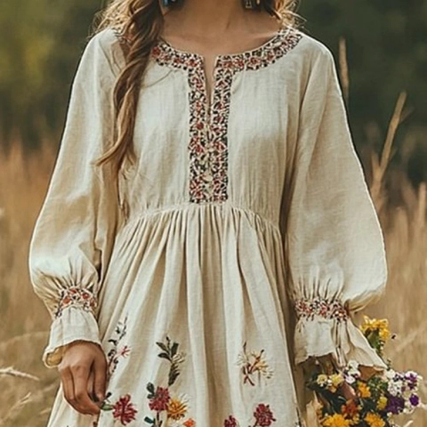 Women's Bohemian Vintage Floral Embroidery Maxi Dress Casual Long Sleeve Puff Sleeve Ruffle Beige Autumn Long Dresses