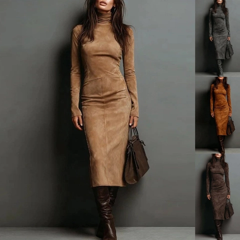 Women Sexy Long Sleeve Mock Neck Bodycon Midi Dress Elegant Slim Fit Suede-Look Polyester Base Dress for Autumn Winter