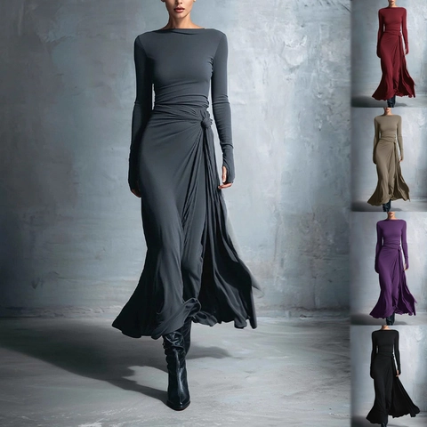 Women Elegant Solid Twist Knot Ruched Maxi Dress Round Neck Long Sleeve Slim Fit Wrap Slit Evening Party Gown