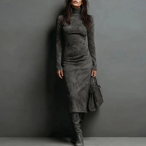 Women High Neck Long Sleeve Bodycon Dress Slim Fit Midi Pencil Dress Sexy Solid Color Winter Autumn Base Layer Dress