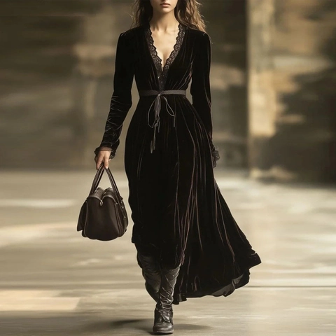 Robe Rétro Français Col en V Femme Velours Doré Sexy Garniture en Dentelle Manches Longues Robe Maxi Avec Ceinture Automne Hiver Fête Soirée