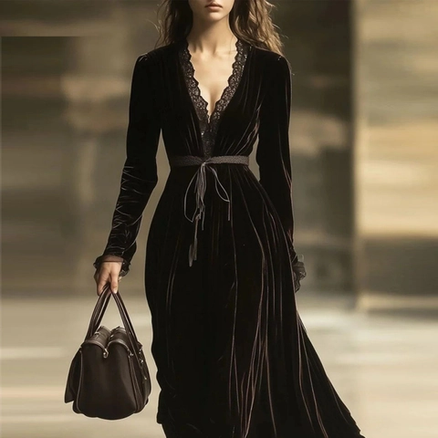 Robe Rétro Français Col en V Femme Velours Doré Sexy Garniture en Dentelle Manches Longues Robe Maxi Avec Ceinture Automne Hiver Fête Soirée