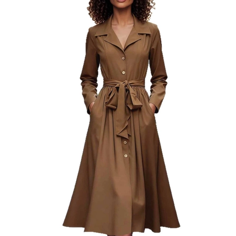 Vestido Camisero Elegante de Manga Larga para Mujer Color Sólido Abotonado Vestido Midi Con Cinturón Oficina Línea A Retro Para Primavera Otoño