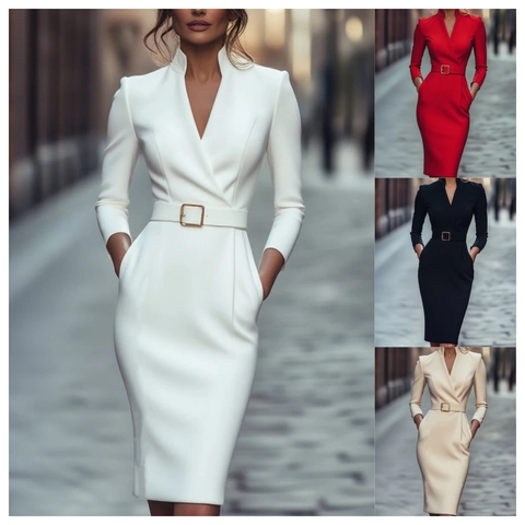 Elegant French Style Slim Fit Midi Dress With Belt For Women Long Sleeve V-Neck Office Party Bodycon Pencil Dress