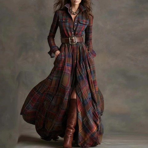 Vintage Karo Langarm Hemdkleid Maxi Mit Gürtel Damen Revers Knopfleiste Hohe Taille Boho Retro A-Linie Langes Kleid