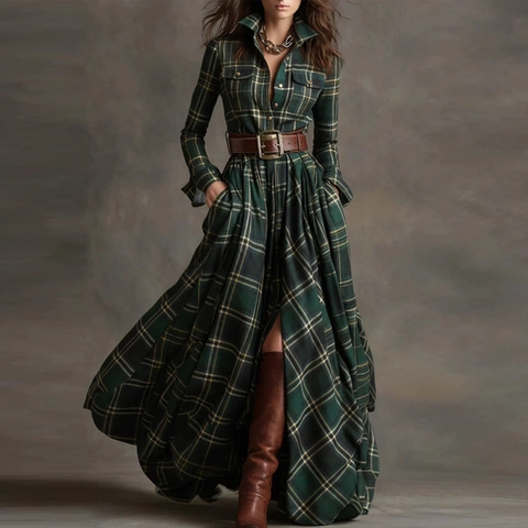 Vintage Karo Langarm Hemdkleid Maxi Mit Gürtel Damen Revers Knopfleiste Hohe Taille Boho Retro A-Linie Langes Kleid