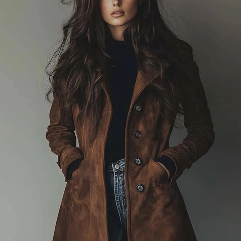 Manteau Long en Daim Synthétique pour Femmes Simple Boutonnage Revers Coupe-Vent Décontracté Streetwear Vêtements d'Extérieur avec Poches