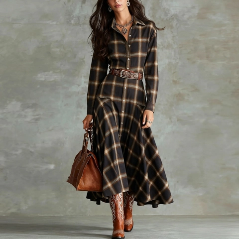 Robe Chemise Écossaise Vintage pour Femmes Manches Longues Maxi Ligne A Boutonnée à Revers Décontractée pour Automne