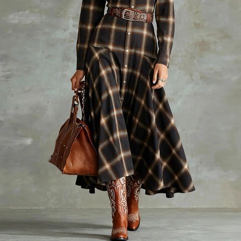 Robe Chemise Écossaise Vintage pour Femmes Manches Longues Maxi Ligne A Boutonnée à Revers Décontractée pour Automne