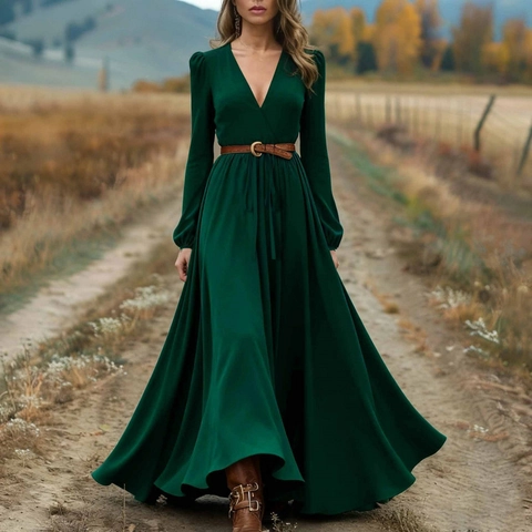 Elegant V-Neck Long Sleeve Maxi Dress For Women Vintage High Waist A-Line Knitted Polyester Solid Color Autumn Evening Dress
