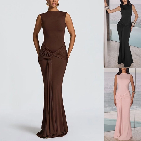 Robe Maxi Sans Manches pour Femmes Col Rond Sexy Dos Nu Froncée Robe Moulante Couleur Unie Polyester Élasthanne Coupe Ajustée Robe de Soirée Longue