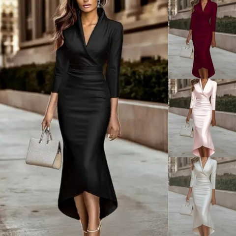 Women Elegant V-Neck Long Sleeve Satin Dress Irregular High Low Hem Slim Fit Wrap Midi Dress For Office Party Night