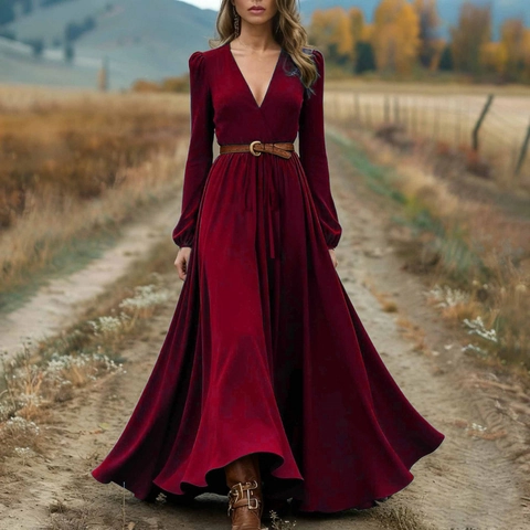 Elegant V-Neck Long Sleeve Maxi Dress For Women Vintage High Waist A-Line Knitted Polyester Solid Color Autumn Evening Dress
