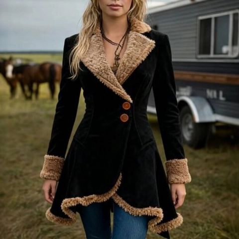 Giacca da Donna in Finta Pelle Scamosciata e Montone Sintetico Cappotto Invernale Spesso Stile Western Bottoni