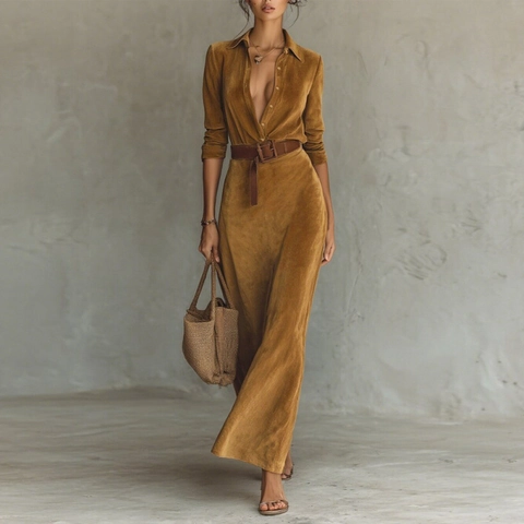 Damen Vintage Wildlederimitat Maxi Hemdkleid Elegant Langarm Slim Fit Einreihig Langes Kleid Mit Gürtel Für Alltag Party