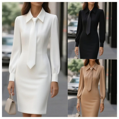 Abito Midi a Maniche Lunghe da Donna Con Cravatta Elegante da Ufficio Slim Fit Colletto a Camicia Tinta Unita