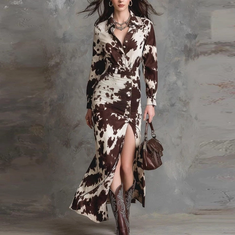 Vintage Damen Kuhmuster Maxikleid Langarm Hemdkragen Hoher Schlitz Gerafft Slim Fit Western Stil Party Maxikleid