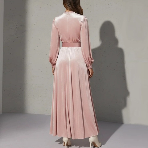 Elegant Pink Velvet V Neck Maxi Dress With Belt Women Long Lantern Sleeve Slim Fit Autumn Formal Party Dress