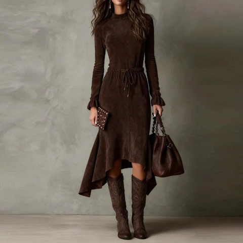 Abito Midi da Donna Effetto Scamosciato Collo a Lupetto Manica Lunga Con Coulisse in Vita Polsini a Volant Orlo Irregolare Streetwear
