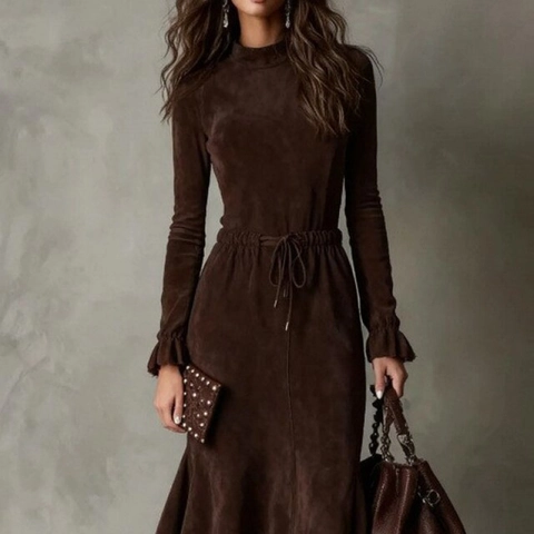 Abito Midi da Donna Effetto Scamosciato Collo a Lupetto Manica Lunga Con Coulisse in Vita Polsini a Volant Orlo Irregolare Streetwear