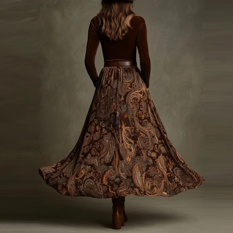 Dames Retro Paisley Print Maxi Jurk Lange Mouw Slim Fit Patchwork Fluweel Textuur Elegant Bohemien Herfst Winter Lange Jurk