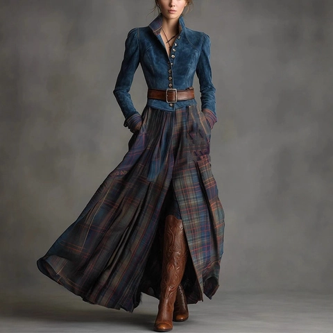 Robe Longue à Manches Longues en Patchwork de Daim Vintage pour Femmes Col à Revers Imprimé Plaid Rétro Automne Hiver