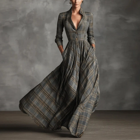 Damen Französisches Vintage Karomuster Maxikleid Elegant V-Ausschnitt Langarm A-Linie Herbst Winter Slim Fit Kleid