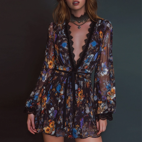 Elegant V Neck Long Sleeve Floral Print Mini Dress Women Organza Lace Trim High Waist A-Line Short Dress Vintage Party Dress