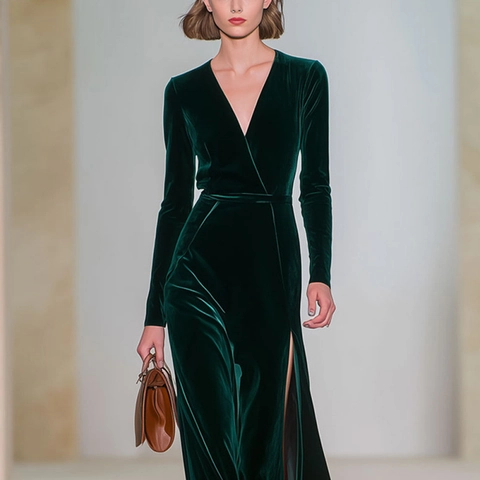 Elegant V Neck Long Sleeve Velvet Maxi Dress Women Slim Fit Split Hem Solid Color Formal Evening Party Wedding Guest Gown