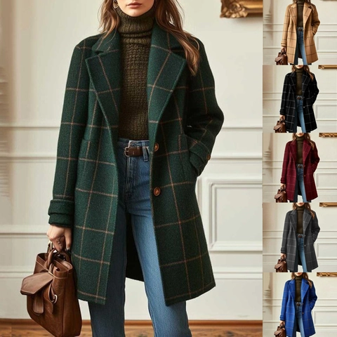 Women Retro Plaid Woolen Coat Lapel Long Sleeve Loose Fit Casual Mid-Length Outerwear Jacket Polyester Spliced Check Overcoat