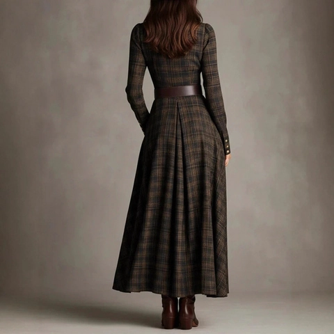 Damen Vintage Plaid Langarm Maxi Hemdkleid Mit Gürtel Button Up Reverskragen A-Linie Herbst Retro Streetwear Langes Kleid