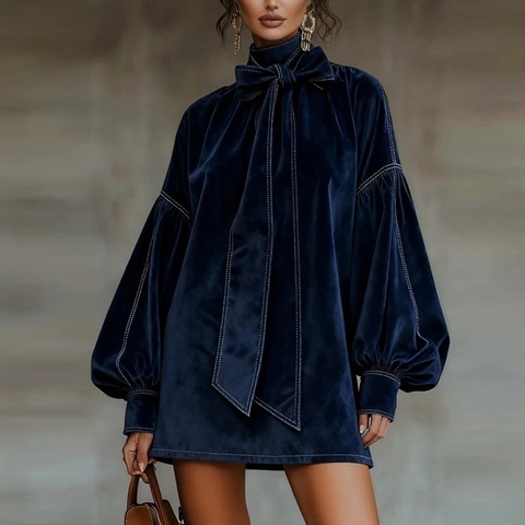 Damen Vintage Samt Minikleid Schleife Stehkragen Laternenärmel Kontrastnähte Herbst Winter Elegantes Kurzes Kleid