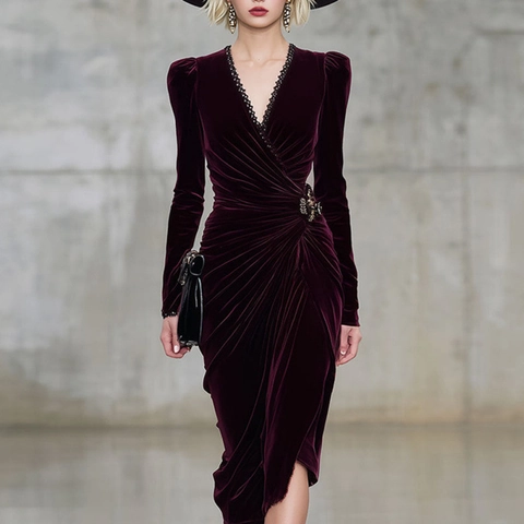 Elegant Women V-Neck Long Sleeve Gold Velvet Maxi Dress Ruched Split Slim Fit Evening Party Gown With Lace Trim Burgundy Red