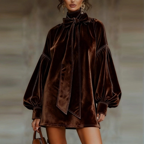 Damen Vintage Samt Minikleid Schleife Stehkragen Laternenärmel Kontrastnähte Herbst Winter Elegantes Kurzes Kleid