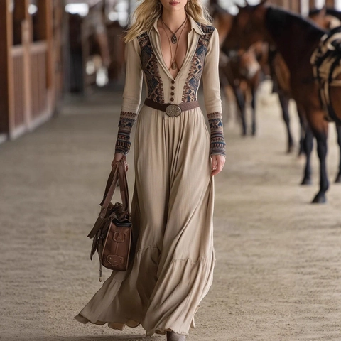 Damen Boho V Ausschnitt Langarm Maxikleid Ethnisch Bedrucktes A Linien Retro Blumenkleid Casual Reise Fließendes Langes Kleid
