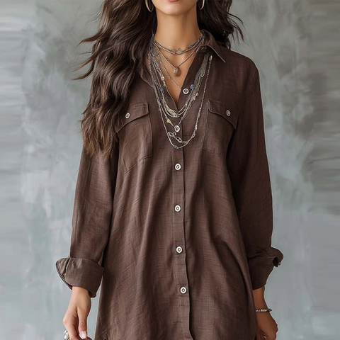 Vestido Camisero de Mujer Vintage Color Sólido Suelto de Manga Larga con Botonadura Sencilla Dobladillo Irregular