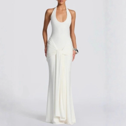 Robe Longue Dos nu Élégante Froncée pour Femmes Coupe Ajustée Sexy Soirée de Gala Polyester Couleur Unie