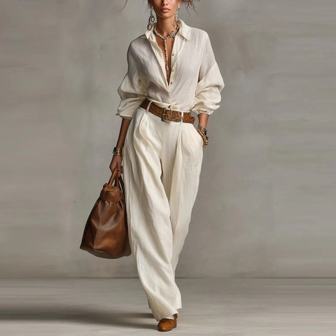 Ensemble Haut Et Bas Femme Couleur Unie Chemise Manches Longues Et Pantalon Jambe Large Décontracté Décor Bouton Poche Tenue Bureau Quotidien