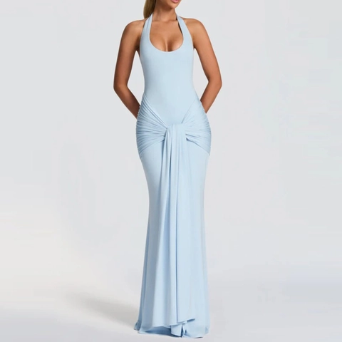 Robe Longue Dos nu Élégante Froncée pour Femmes Coupe Ajustée Sexy Soirée de Gala Polyester Couleur Unie