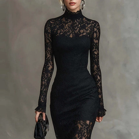 Robe Longue Moulante Élégante en Dentelle Florale à Col Montant Pour Femmes Coupe Ajustée Sirène Robe de Soirée de Banquet Automne Hiver