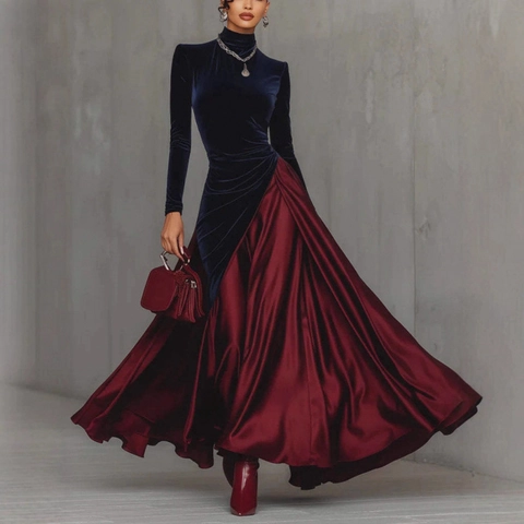 Dames Elegante Fluweel Splicing Satijn Maxi Jurk Hoge Hals Lange Mouw Vintage Kleurblok Grote Swing Party Avondjurk